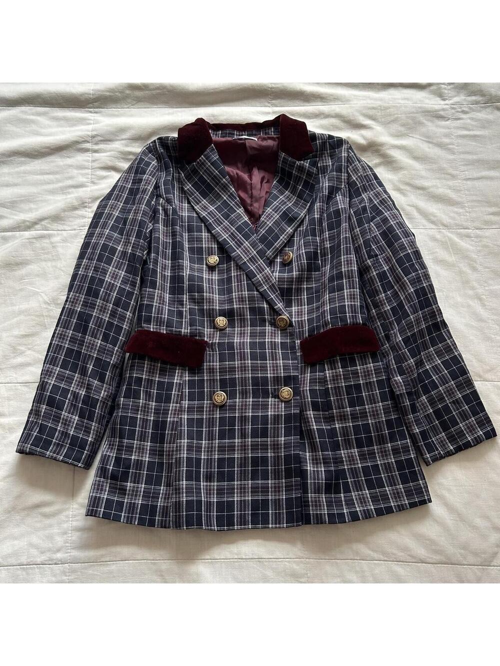Axes Femme Navy Plaid Double Breasted Blazer Burgundy Velvet Gold Buttons M